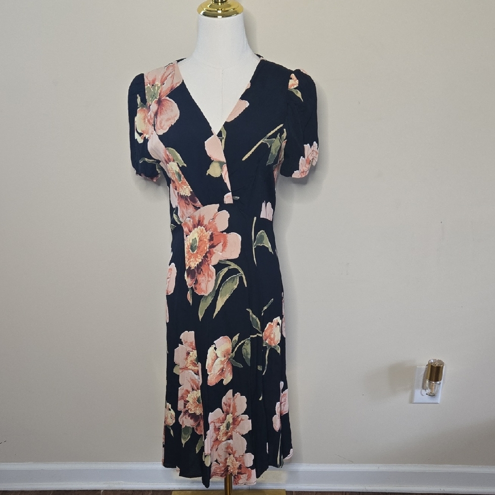 Vintage Loco Lindo Black Floral Dress 90s Inspired Waist Tie Medium Feminine